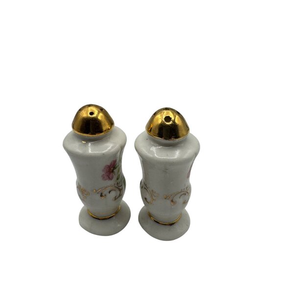 Vintage Ceramic Salt & Pepper Shakers With Floral Pattern & Gold Tops - Picture 3 of 5
